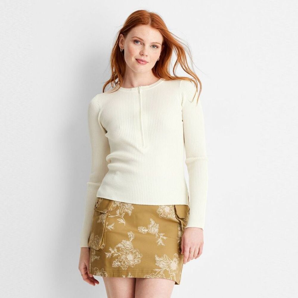 Women's Crewneck Zip-Front Sweater - Future Collective Cream XS
